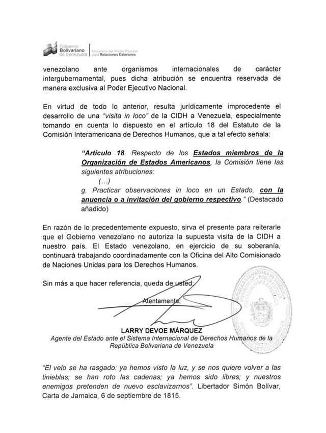 Carta enviada a la CIDH