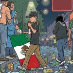 Elementos de la Secretaría de Seguridad Ciudadana patrullando y resguardando los festejos de los aficionados en la Ciudad de México.