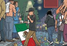 Elementos de la Secretaría de Seguridad Ciudadana patrullando y resguardando los festejos de los aficionados en la Ciudad de México.