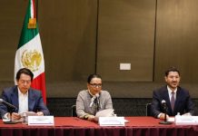 Rosa Icela Rodriguez Mario Delgado y Marti Batres en conferencia de prensa sobre el dialogo con la CNTE